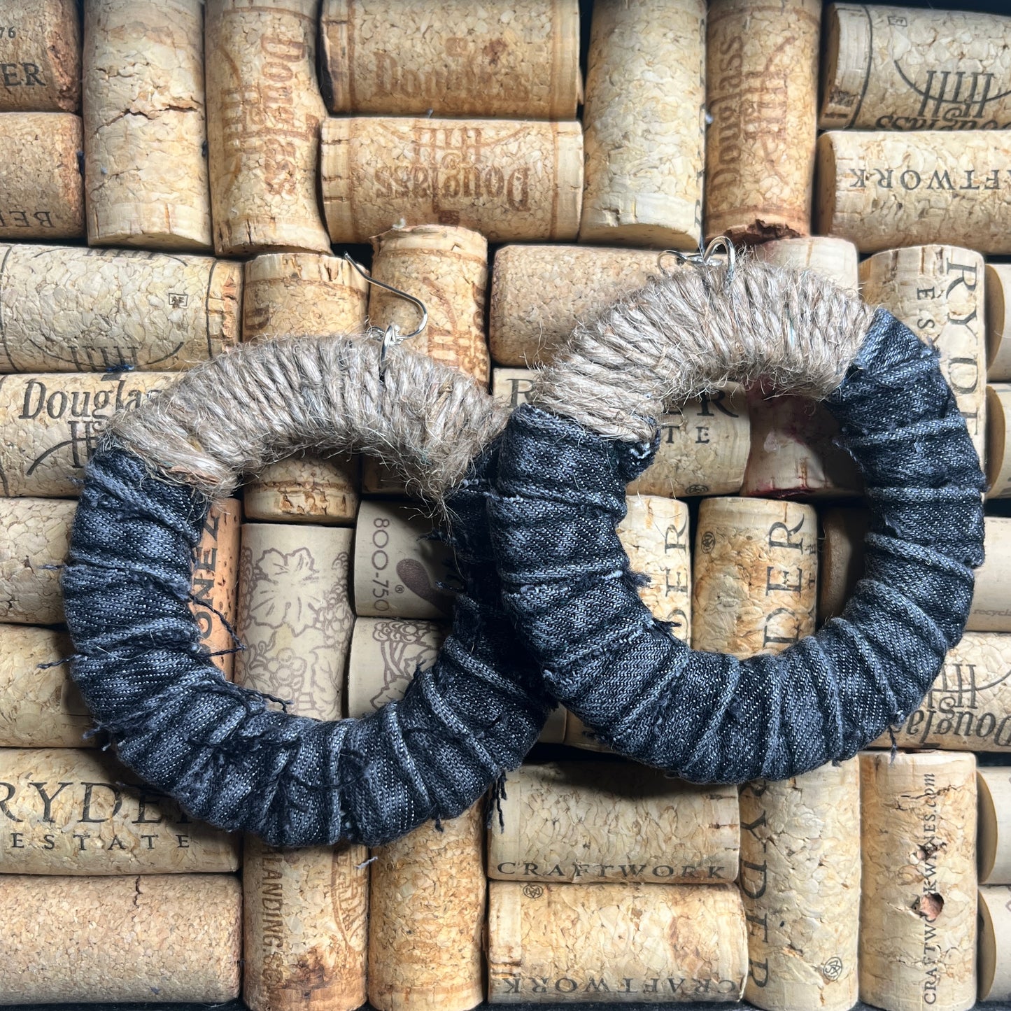 Black denim hoops with jute string